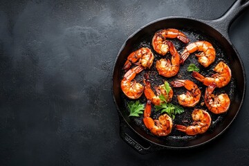 Wall Mural - spicy roasted shrimps in cast iron pan , black background, top view, copy space - generative ai