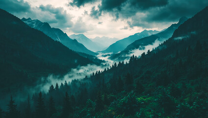 Wall Mural - Aerial view of fog forest with mountains