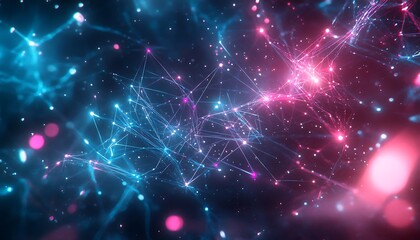 Poster - Futuristic Soundscape Visualized as a Web of Interconnected Light Strands and Nodes in a Dark Cosmic Space