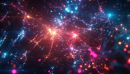 Poster - Futuristic Soundscape Visualized as a Web of Interconnected Light Strands and Nodes in a Dark Cosmic Space