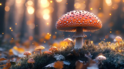 Wall Mural - Magical Forest with Toadstools and Glowing Lights.