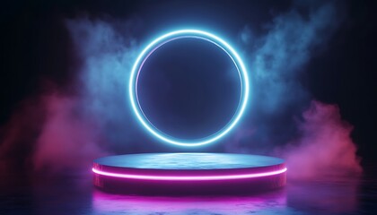 Poster - 3D Podium with Circular Platform Surrounded by Glowing Rings of Light in a Dark Futuristic Space