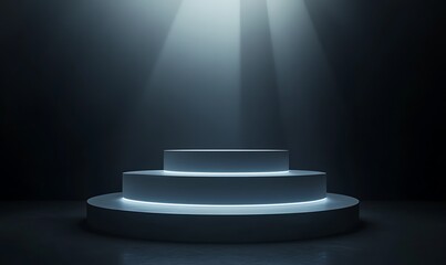 Aufkleber - Modern 3D Podium with Multiple Tiers Illuminated by Soft Underglow Lighting in a Dark Minimalistic Space