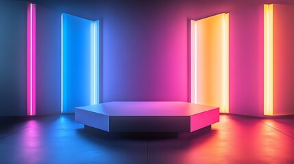 Poster - 3D Podium with Hexagonal Platform Surrounded by Floating Illuminated Panels in a Dark Futuristic Space