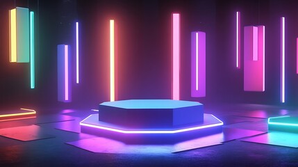 Poster - 3D Podium with Hexagonal Platform Surrounded by Floating Illuminated Panels in a Dark Futuristic Space