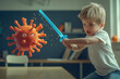 © Elle Arden  - A young child fighting a large orange virus with a blue plastic sword in school.