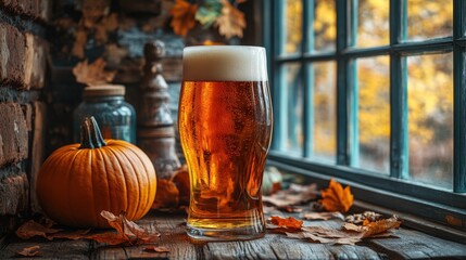 Wall Mural - Glass of Beer with Pumpkin and Autumn Leaves.