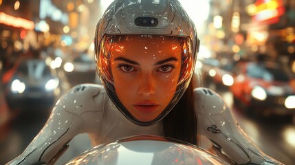 Canvas Print - Futuristic Woman in a Helmet in a City.