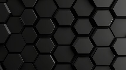 Glossy dark hexagon tiles, deep black and charcoal gradient, seamless pattern, futuristic and sophisticated, ideal for backgrounds or overlays