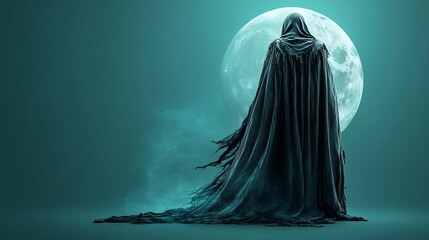 A cloaked figure stands before a full moon shrouded in mystery