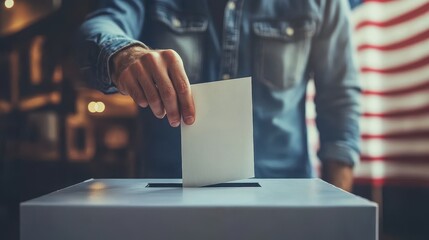 usa elections. male hand dropping paper ballot in voting box.