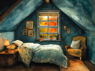 Wall Mural - A bedroom with a blue ceiling and a window with autumn leaves. The room is decorated with pictures and a lamp