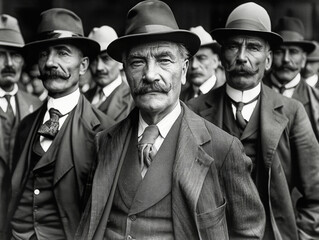 Canvas Print - A man with a mustache and a hat stands in front of a group of men. The men are all wearing suits and ties. The image has a vintage feel to it, and the men appear to be posing for a photograph