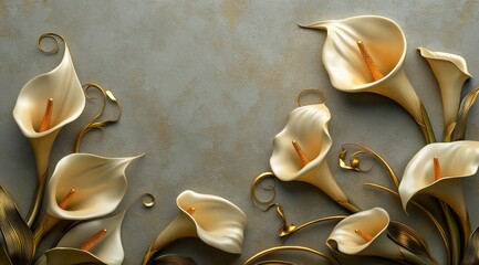 Wall Mural - This stunning 3D artwork showcases exquisite golden calla lilies beautifully contrasted against a rich, textured background, making it the perfect choice for elegant home or office decor