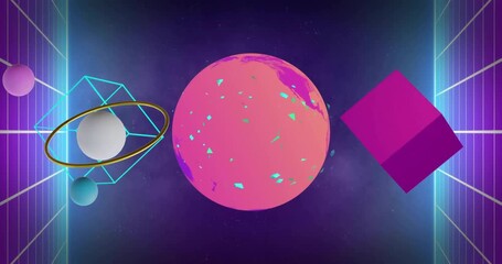 Wall Mural - geometric shapes and planet in space animation with neon colors