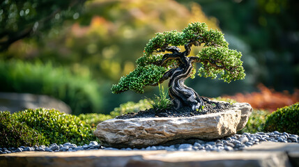 Bonsai Serenity: A miniature juniper bonsai tree, meticulously pruned and shaped, sits majestically on a rustic stone base in a serene garden setting. The bonsai symbolizes patience, resilience, and t