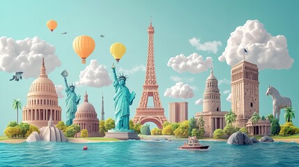 Poster - World famous landmarks grouped together under blue sky, concept of travel