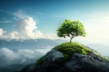 A solitary tree standing on a rocky peak, surrounded by clouds and mountains under a bright blue sky, representing nature's resilience.