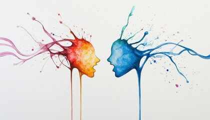 A vibrant abstract representation of two faces communicating through colorful paint splashes, symbolizing creativity and connection.