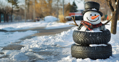 Snowman built with tires. Decoration in the tire shop and auto repair service. Christmas spirit at work. Banner or card with copy space