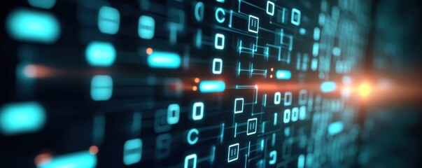 Abstract digital technology background with glowing blue data and binary code, symbolizing innovation and connectivity.