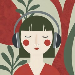 Wall Mural - Illustration of a person with headphones surrounded by plants, symbolizing relaxation and stress relief through music and nature- wallpaper