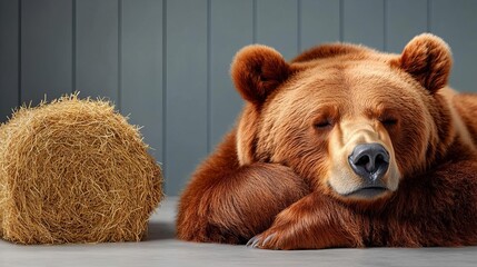 Wall Mural - A large brown bear rests its head on its paws in front of a bale of hay