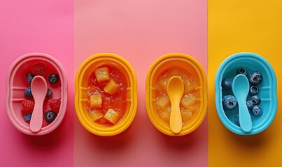 set of silicone baby dishware on peach color background serving baby food concept flat lay top view.