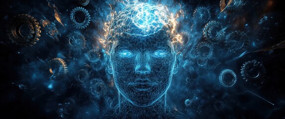 Wall Mural - A human head with an intricate digital brain, surrounded by glowing blue and white lines representing data flow and artificial intelligence technology. 