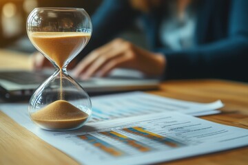 A person sitting at their desk, working on an important project with a large hourglass beside them. The sand in it slowly falling away symbolizing time passing 