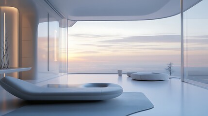 Poster - Modern 3D Room with Floor-to-Ceiling Windows Overlooking Futuristic Landscape, Sleek Furniture, and Minimalist Design