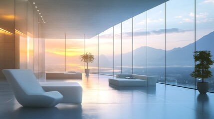 Poster - Modern 3D Room with Floor-to-Ceiling Windows Overlooking Futuristic Landscape, Sleek Furniture, and Minimalist Design