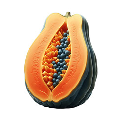 Ripe papaya half isolated on transparent background, juicy tropical fruit with black seeds, png