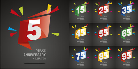 Wall Mural - Set of Anniversary vector creative design emblems with negative space numbers on color origami speech bubble and black background for celebration event, invitation, greeting, template, leaflet.ai