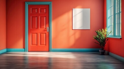 Wall Mural - Sunlight streams into a room with a red door and a blank canvas