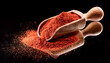 © NizuCaCi - Powder, red, chili, spice, hot, herb, spicy, wood, spoon, shovel, black background, close-up