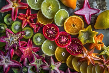 Wall Mural - A vibrant arrangement of various colorful fruits showcasing their unique shapes and textures.