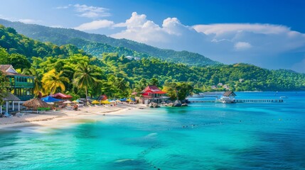 Wall Mural - picturesque tropical beach scene with vibrant, colorful huts lining the shoreline.