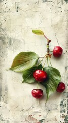 Poster - A branch with red cherries and green leaves on a textured background.