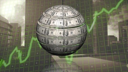 Canvas Print - Rotating globe made of dollar bills with green stock market graph animation