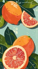 Wall Mural - Illustration of oranges and grapefruit with leaves on a textured background.