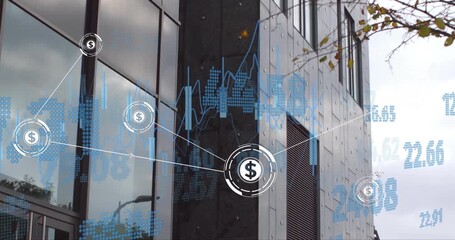 Poster - Financial data and dollar signs animation over modern office building