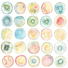 Wall Mural - A vibrant arrangement of watercolor fruit slices showcasing various citrus and kiwi.