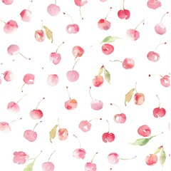 Canvas Print - A watercolor pattern featuring various cherries on a white background.
