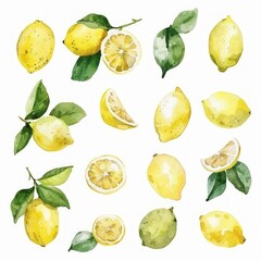 Sticker - A collection of watercolor lemons and lemon slices with green leaves.