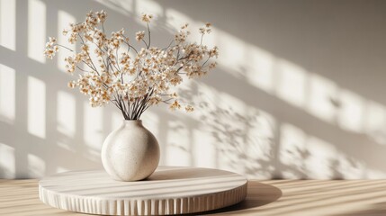 Wall Mural - a concrete pedestal highlights a vase of dried flowers casting delicate shadows on the wall