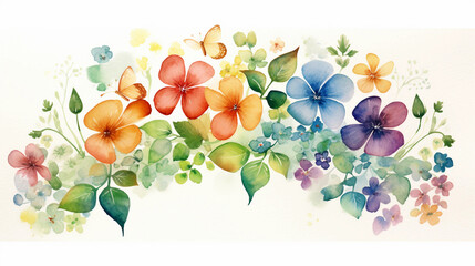 Wall Mural - Watercolor rainbow flowers and green leaves