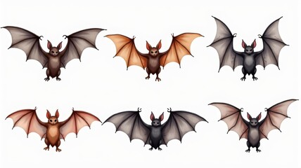 Cute Bat Illustrations Set with Six Different Poses for Halloween Decorations and Educational Use