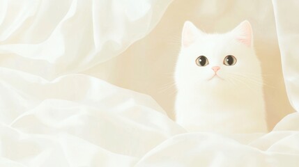 Wall Mural - a fluffy white cat looks curiously from a silky white backdrop in a softly lit space