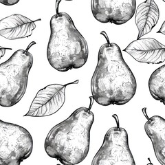 Sticker - A pattern featuring hand-drawn pears and leaves in black and white.